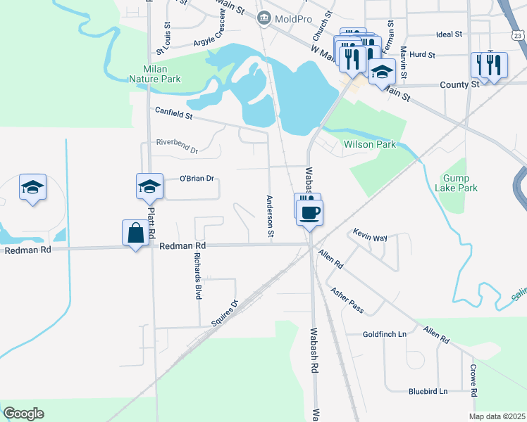 map of restaurants, bars, coffee shops, grocery stores, and more near 140 Lauff Drive in Milan