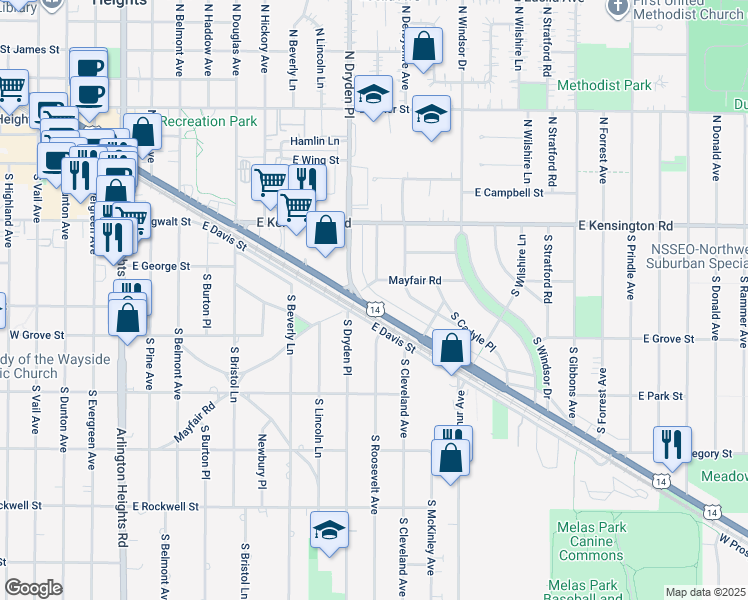 map of restaurants, bars, coffee shops, grocery stores, and more near 1122 East Northwest Highway in Arlington Heights