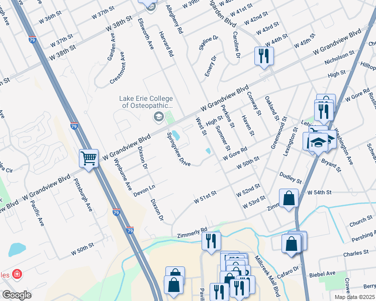 map of restaurants, bars, coffee shops, grocery stores, and more near 4711 Meadowview Drive in Erie