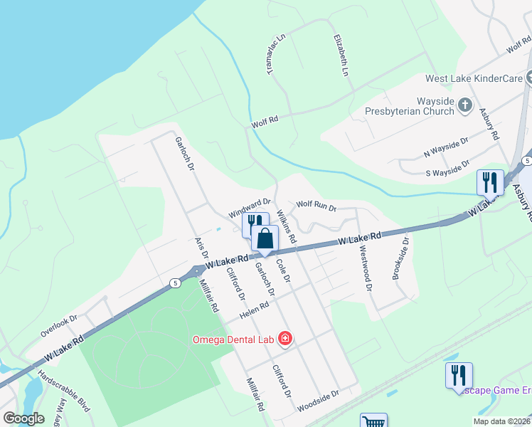 map of restaurants, bars, coffee shops, grocery stores, and more near 1432 Wilkins Road in Erie
