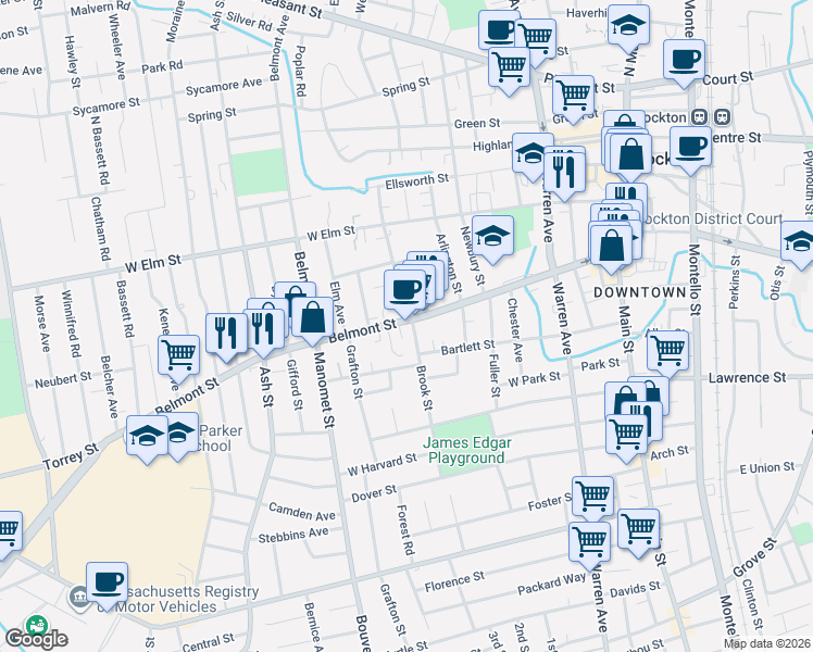 map of restaurants, bars, coffee shops, grocery stores, and more near 228 Belmont Street in Brockton