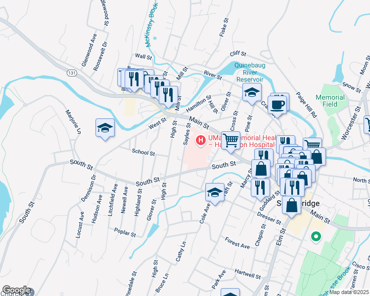 map of restaurants, bars, coffee shops, grocery stores, and more near 103 Sayles Street in Southbridge