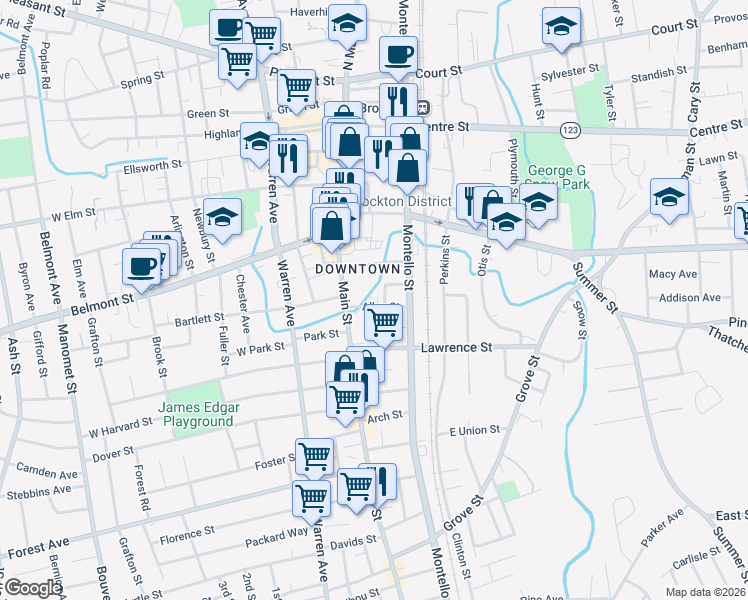 map of restaurants, bars, coffee shops, grocery stores, and more near 26 Allen Street in Brockton