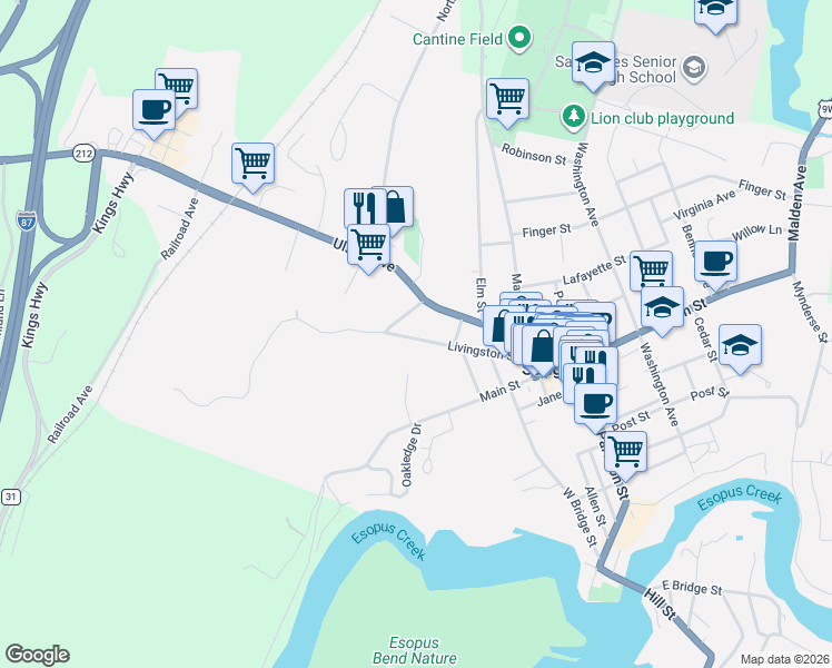 map of restaurants, bars, coffee shops, grocery stores, and more near 100 Livingston Street in Saugerties