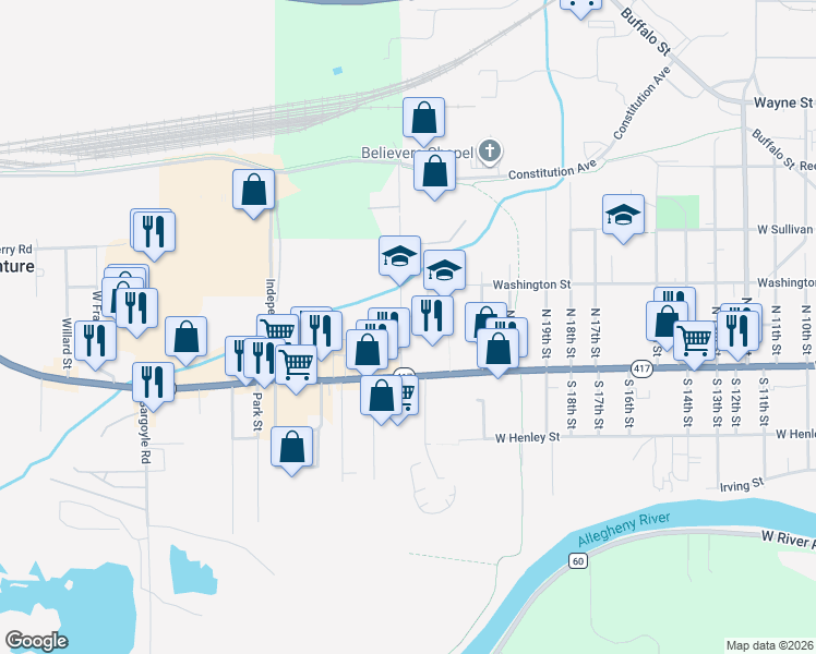 map of restaurants, bars, coffee shops, grocery stores, and more near 2223 West State Street in Olean