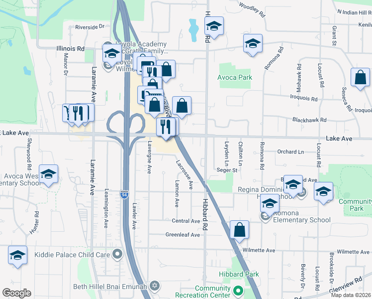map of restaurants, bars, coffee shops, grocery stores, and more near 806 Skokie Boulevard in Wilmette