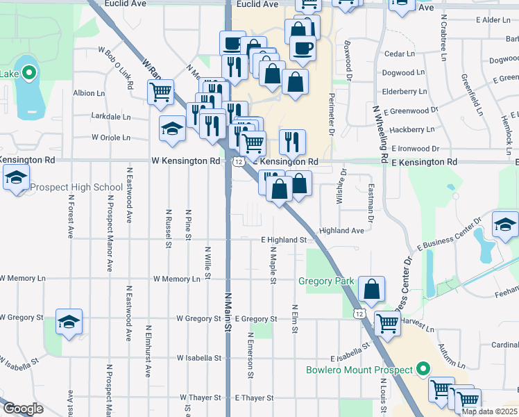map of restaurants, bars, coffee shops, grocery stores, and more near 40 East Judith Ann Drive in Mount Prospect