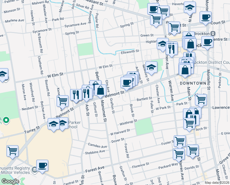 map of restaurants, bars, coffee shops, grocery stores, and more near 13 Day Avenue in Brockton