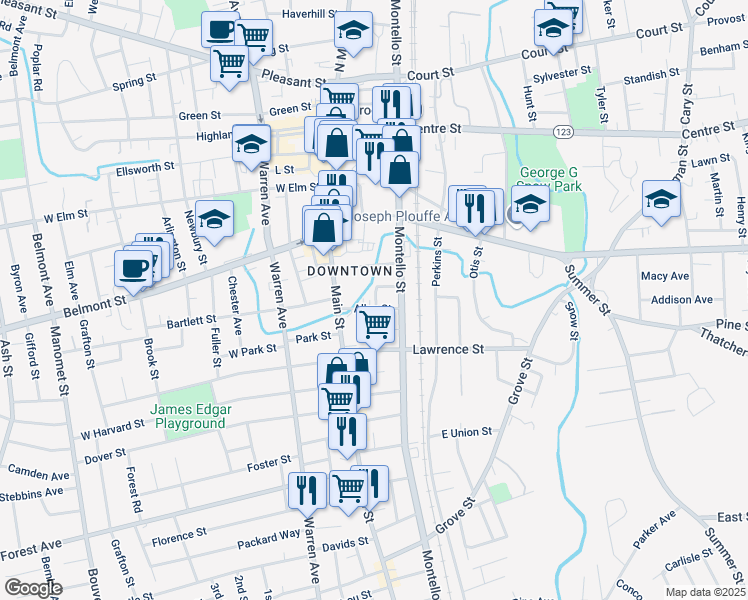 map of restaurants, bars, coffee shops, grocery stores, and more near 15 Allen Street in Brockton