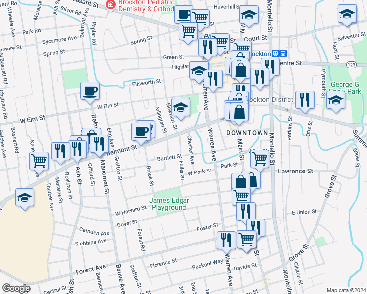 map of restaurants, bars, coffee shops, grocery stores, and more near 46 Fuller Street in Brockton