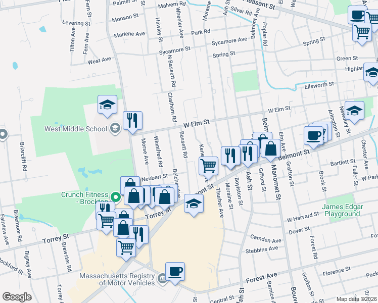 map of restaurants, bars, coffee shops, grocery stores, and more near 68 Pioneer Avenue in Brockton