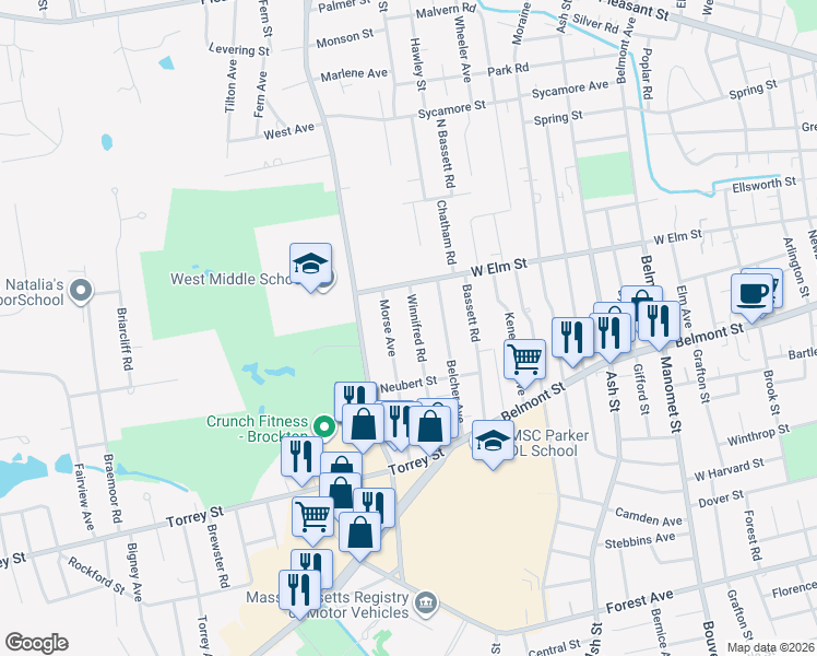 map of restaurants, bars, coffee shops, grocery stores, and more near 54 Winnifred Road in Brockton