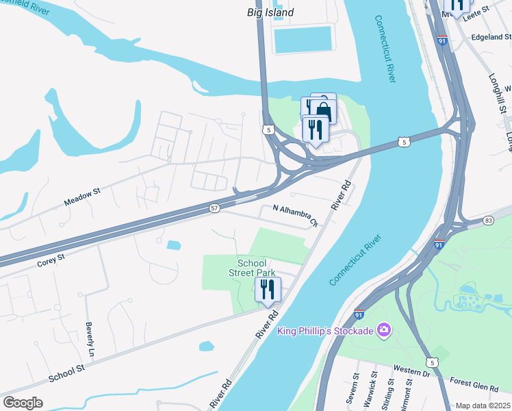 map of restaurants, bars, coffee shops, grocery stores, and more near 486 Corey Street in Agawam
