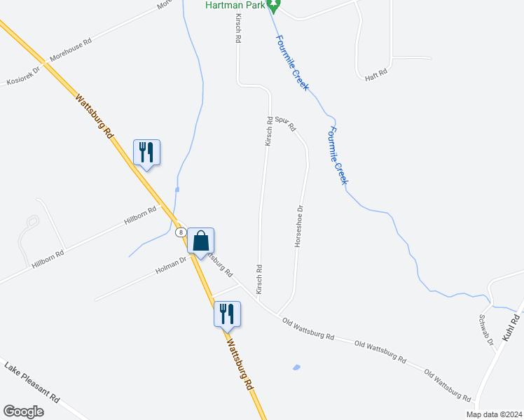 map of restaurants, bars, coffee shops, grocery stores, and more near 8861 Kirsch Rd in Erie