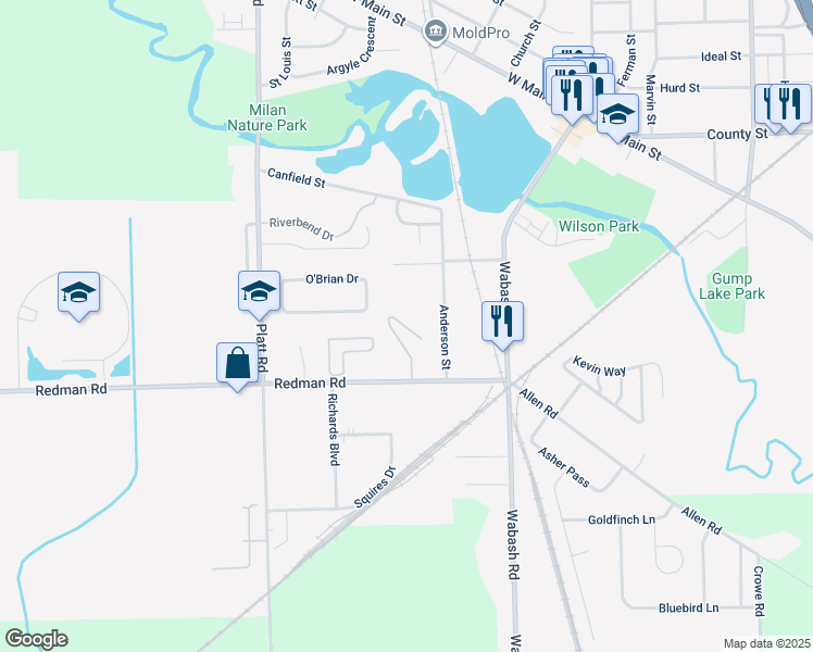 map of restaurants, bars, coffee shops, grocery stores, and more near 140 Lauff Drive in Milan