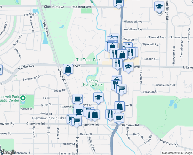 map of restaurants, bars, coffee shops, grocery stores, and more near 1821 Maplewood Lane in Glenview
