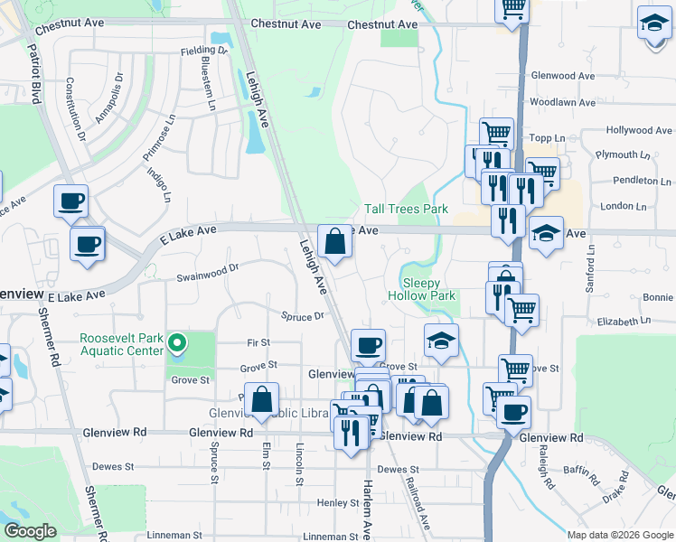 map of restaurants, bars, coffee shops, grocery stores, and more near 1333 Woodview Lane in Glenview