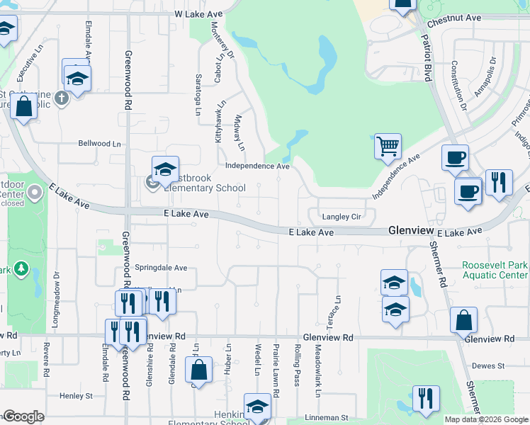 map of restaurants, bars, coffee shops, grocery stores, and more near 1242 Prairie Lawn Road in Glenview