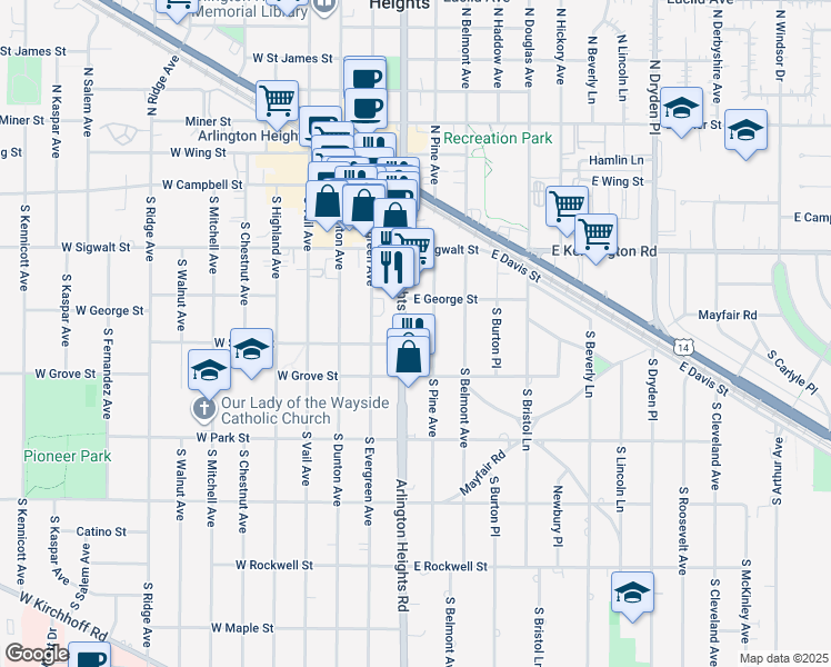 map of restaurants, bars, coffee shops, grocery stores, and more near 311 South Arlington Heights Road in Arlington Heights