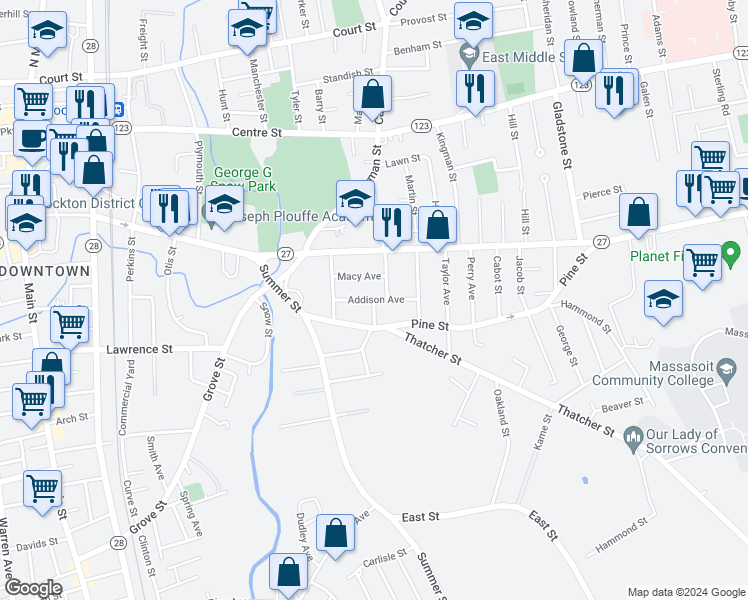 map of restaurants, bars, coffee shops, grocery stores, and more near 33 Addison Avenue in Brockton