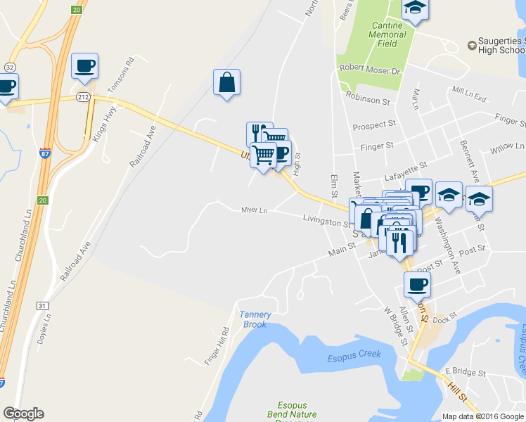 map of restaurants, bars, coffee shops, grocery stores, and more near 6 Myer Lane in Saugerties