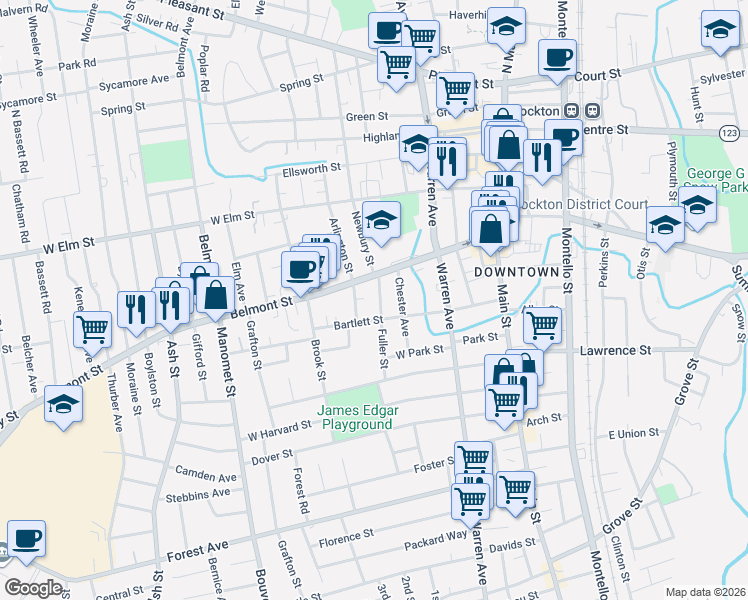 map of restaurants, bars, coffee shops, grocery stores, and more near 21 Fuller Street in Brockton