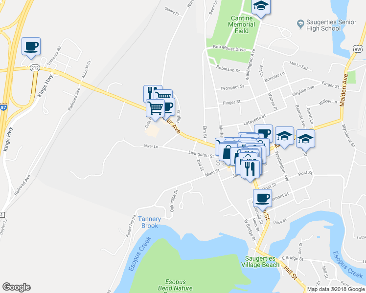 map of restaurants, bars, coffee shops, grocery stores, and more near 83 Livingston Street in Saugerties