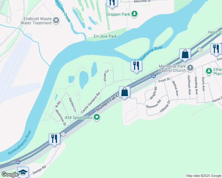 map of restaurants, bars, coffee shops, grocery stores, and more near 1715 Castle Gardens Road in Vestal