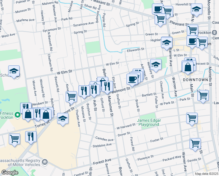 map of restaurants, bars, coffee shops, grocery stores, and more near 274 Belmont Avenue in Brockton