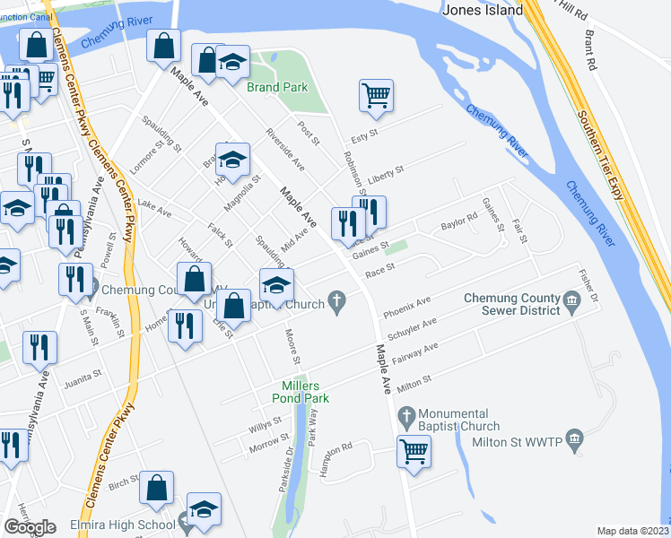 map of restaurants, bars, coffee shops, grocery stores, and more near 319 Sylvester Place in Elmira