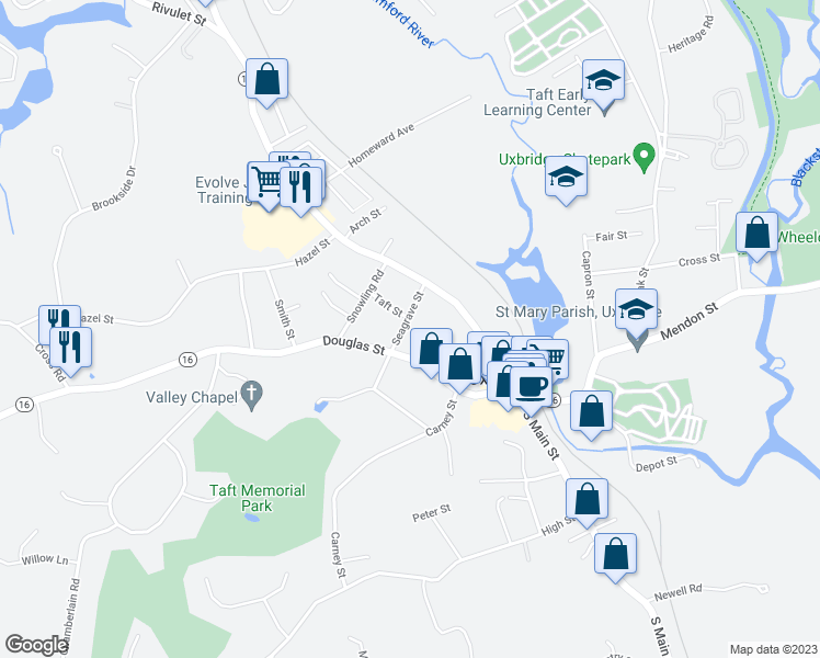 map of restaurants, bars, coffee shops, grocery stores, and more near 15 Seagrave Street in Uxbridge