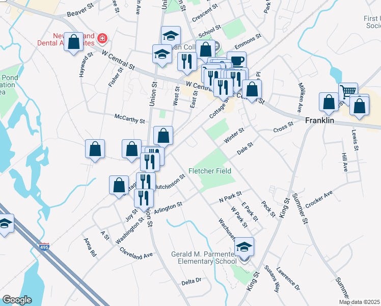 map of restaurants, bars, coffee shops, grocery stores, and more near 34 Wachusett Street in Franklin