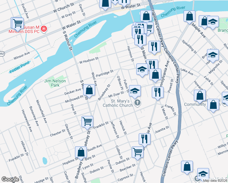 map of restaurants, bars, coffee shops, grocery stores, and more near 404 Pleasant Street in Elmira