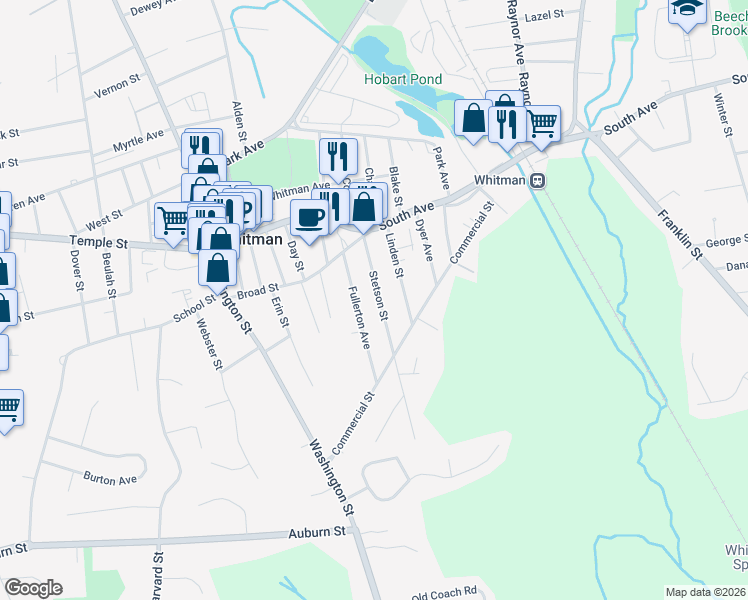 map of restaurants, bars, coffee shops, grocery stores, and more near 88 Fullerton Avenue in Whitman