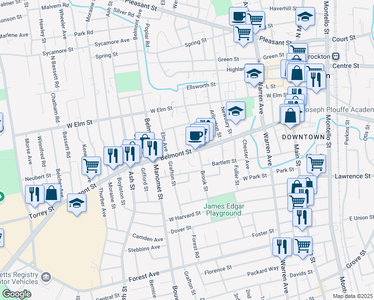 map of restaurants, bars, coffee shops, grocery stores, and more near 13 Day Avenue in Brockton