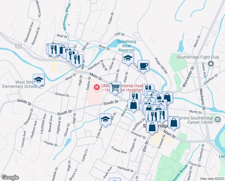 map of restaurants, bars, coffee shops, grocery stores, and more near 37 Oakes Avenue in Southbridge