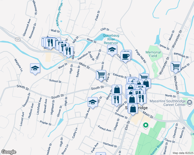 map of restaurants, bars, coffee shops, grocery stores, and more near 37 Oakes Avenue in Southbridge
