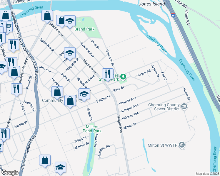 map of restaurants, bars, coffee shops, grocery stores, and more near 319 East Miller Street in Elmira