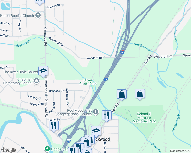 map of restaurants, bars, coffee shops, grocery stores, and more near 21825 Woodruff Road in Rockwood