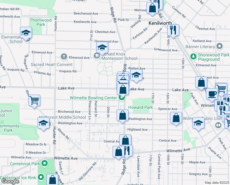 map of restaurants, bars, coffee shops, grocery stores, and more near 1938 Schiller Avenue in Wilmette