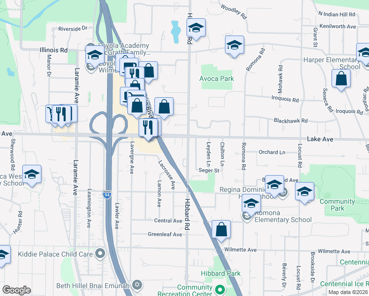 map of restaurants, bars, coffee shops, grocery stores, and more near 805 Westwood Lane in Wilmette