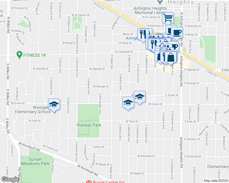 map of restaurants, bars, coffee shops, grocery stores, and more near 305 South Ridge Avenue in Arlington Heights