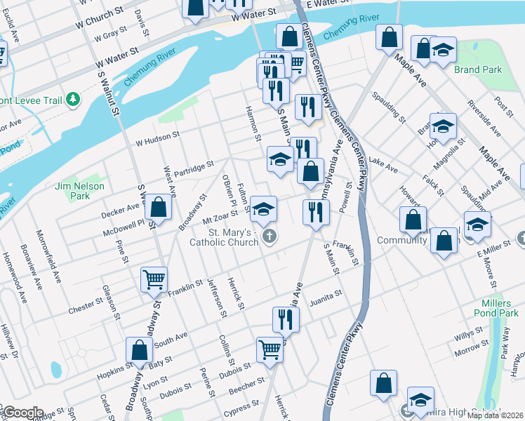 map of restaurants, bars, coffee shops, grocery stores, and more near 233 Mount Zoar Street in Elmira