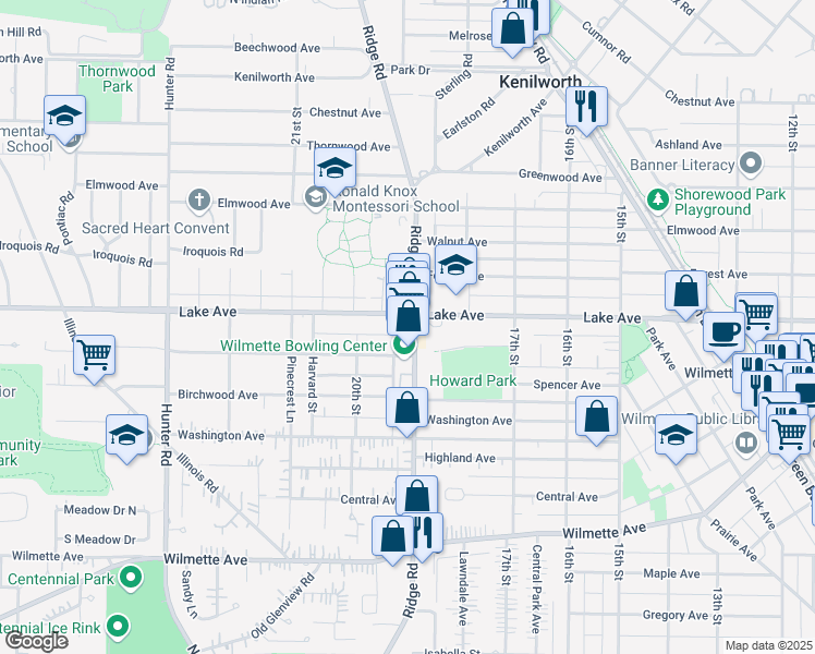 map of restaurants, bars, coffee shops, grocery stores, and more near 801 Ridge Road in Wilmette