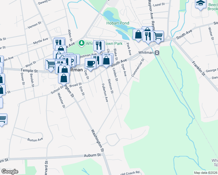 map of restaurants, bars, coffee shops, grocery stores, and more near 88 Fullerton Avenue in Whitman