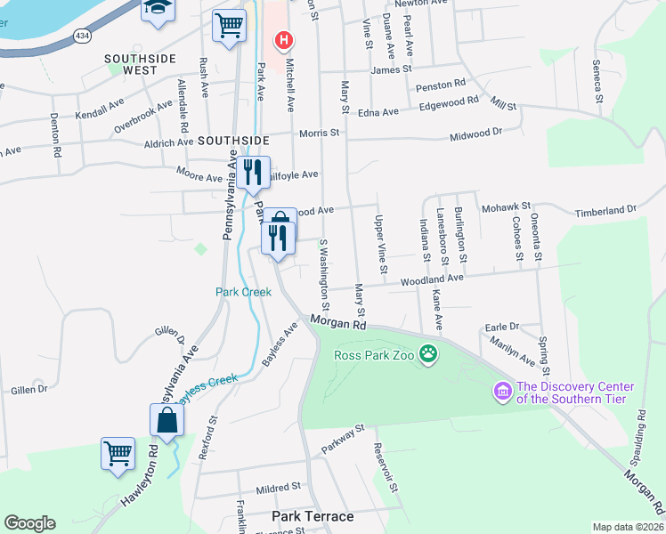 map of restaurants, bars, coffee shops, grocery stores, and more near 195 South Washington Street in Binghamton