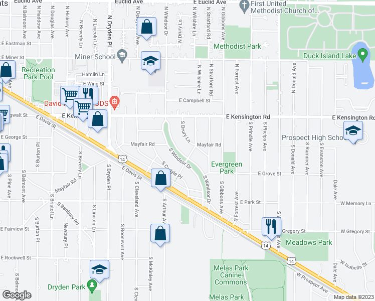 map of restaurants, bars, coffee shops, grocery stores, and more near 330 South Windsor Drive in Arlington Heights
