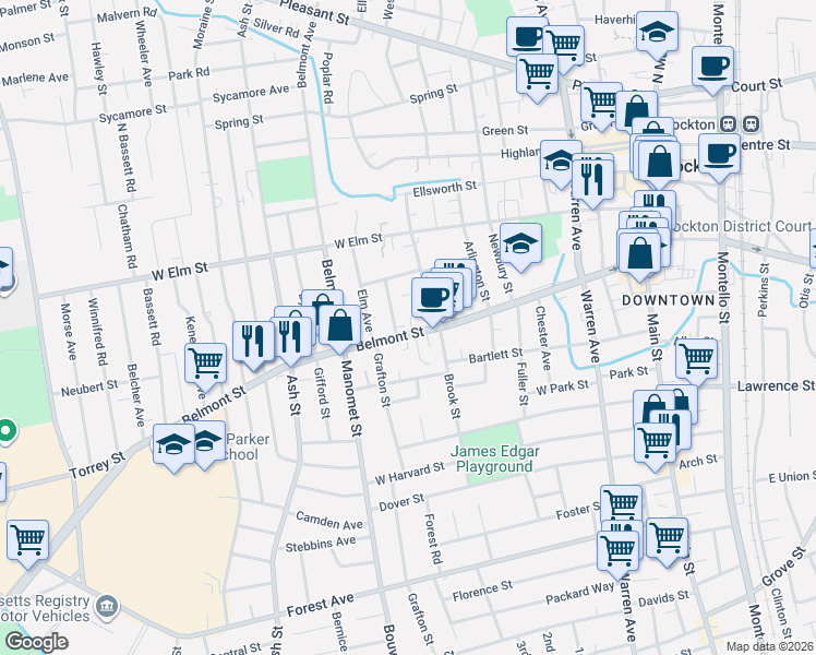 map of restaurants, bars, coffee shops, grocery stores, and more near 13 Day Avenue in Brockton
