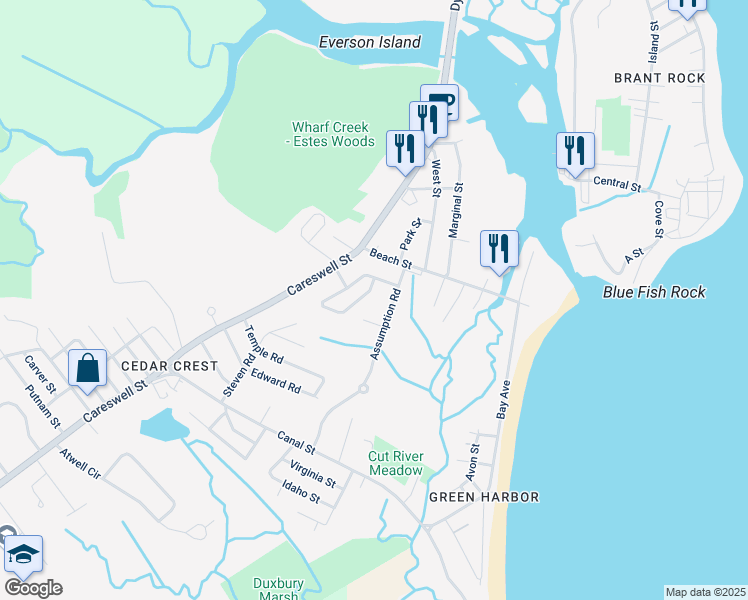 map of restaurants, bars, coffee shops, grocery stores, and more near 58 Assumption Road in Marshfield