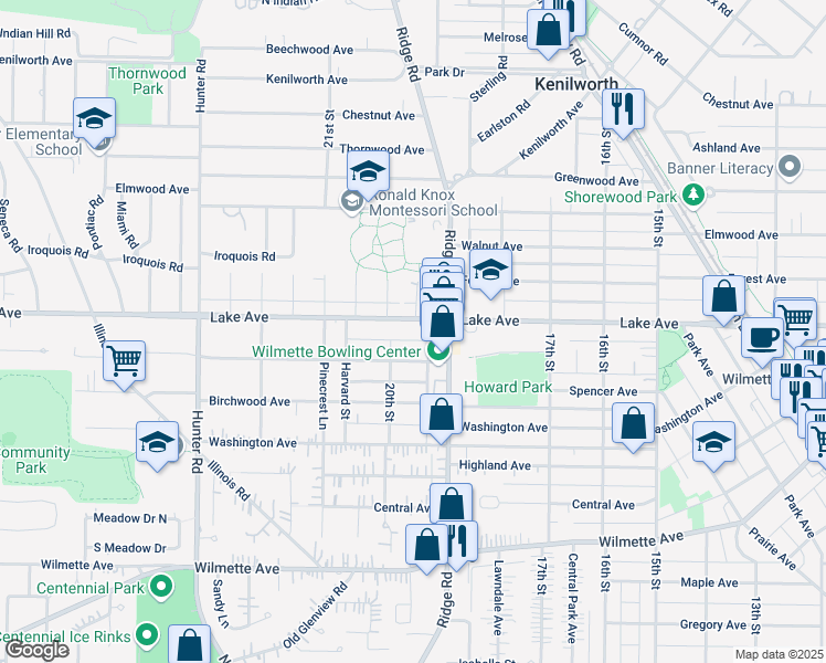 map of restaurants, bars, coffee shops, grocery stores, and more near 1938 Schiller Avenue in Wilmette